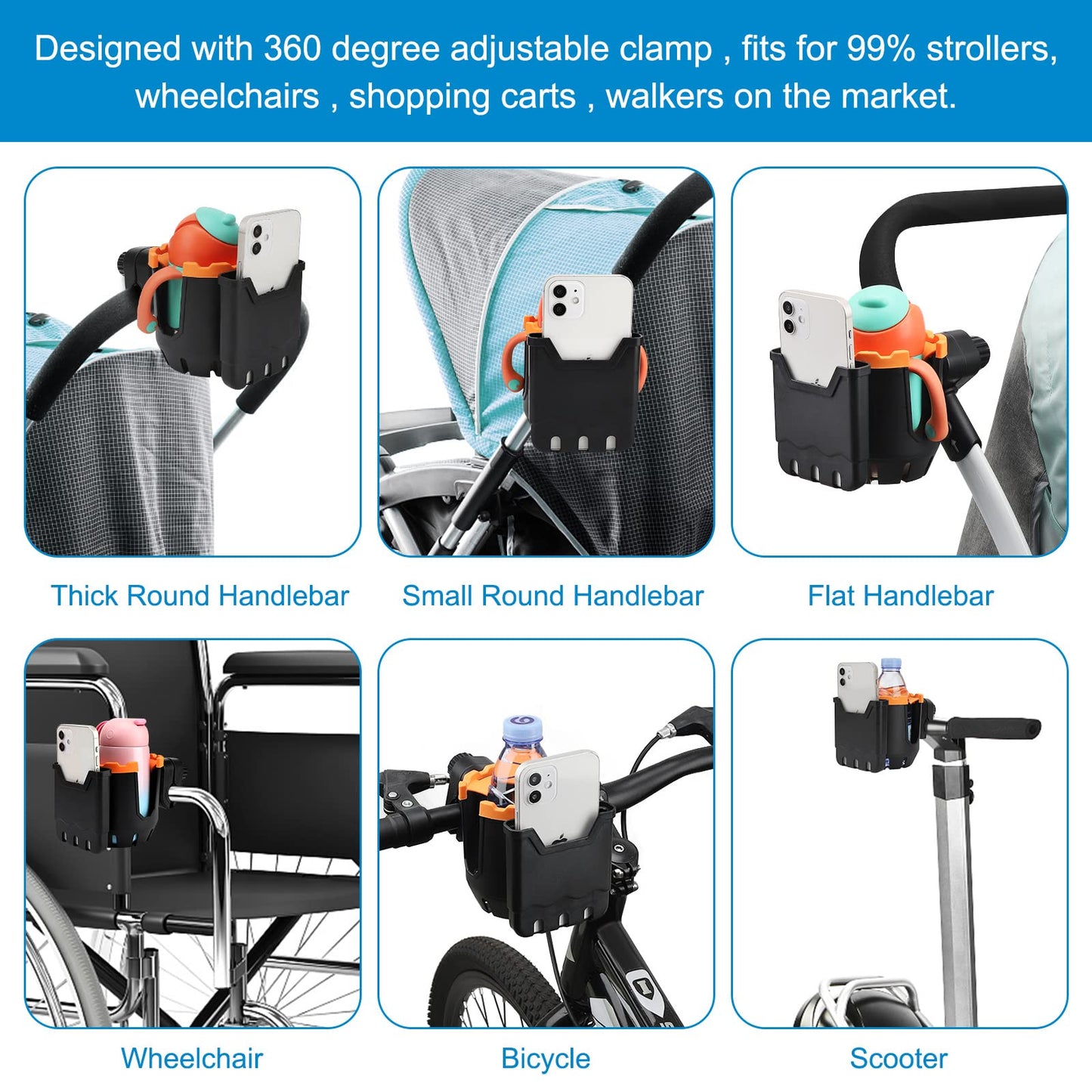 Accmor Stroller Cup Holder With Phone Holder, Bike Cup Holder, 2-In-1 Universal Cup Phone Drinks Holder For Stroller Walker Whee