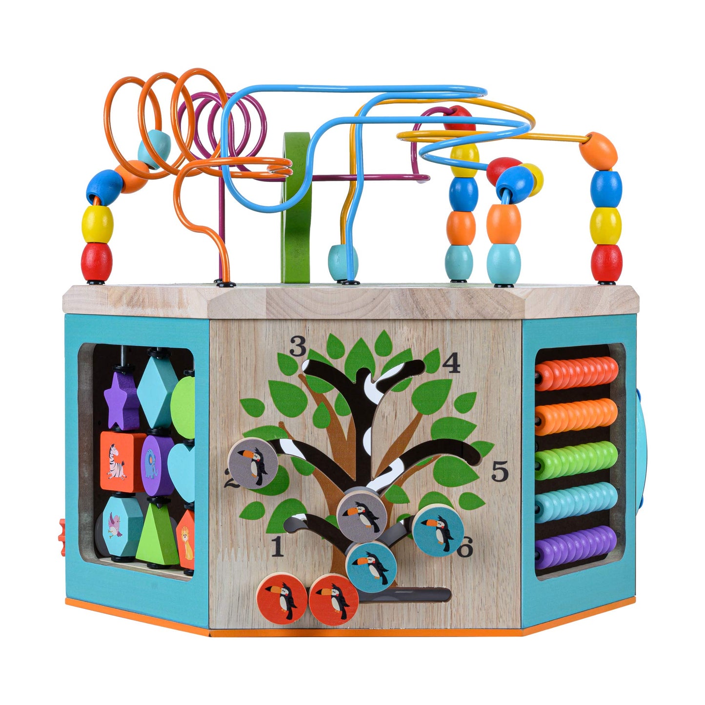 Teamson Kids Preschool Play Lab 7-in-1 Large Wooden Activity Cube Station Center Bead Maze and Counting for Kids Baby Toys, Natu