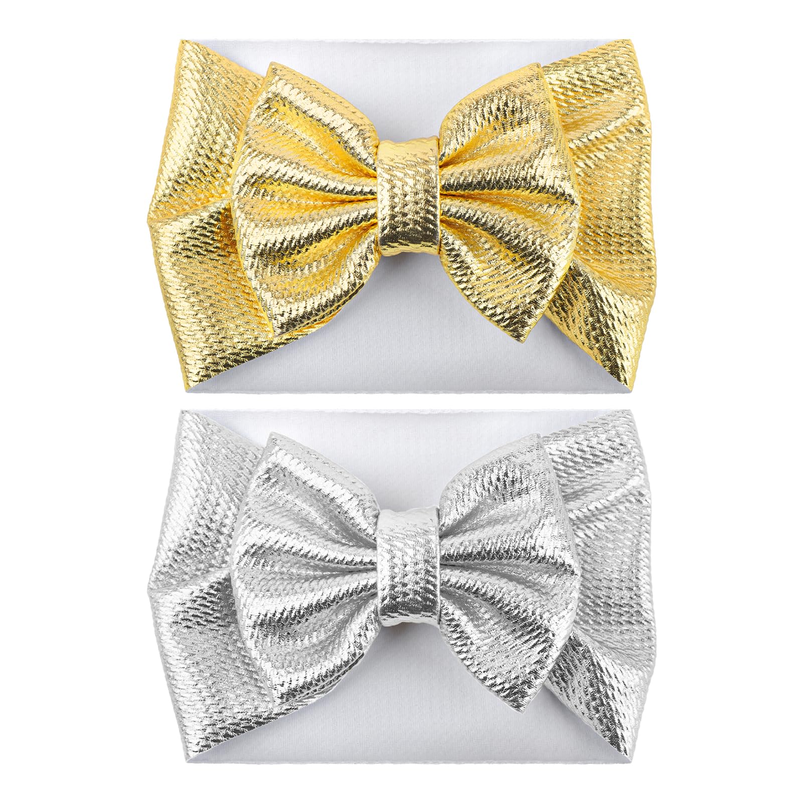 Yanjie Metallic Gold And Silver 5' Baby Large Messy Bows Headwrap Stretch Bronzing Top Knot Turban Headband Hair Band 2Pcs/Pack