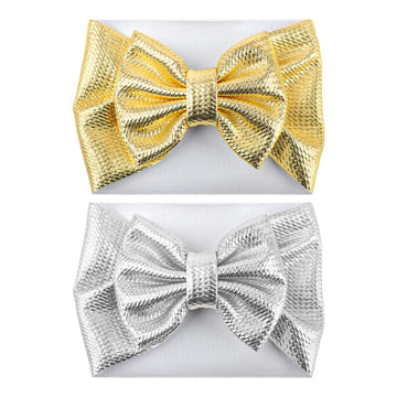 Yanjie Metallic Gold And Silver 5' Baby Large Messy Bows Headwrap Stretch Bronzing Top Knot Turban Headband Hair Band 2Pcs/Pack
