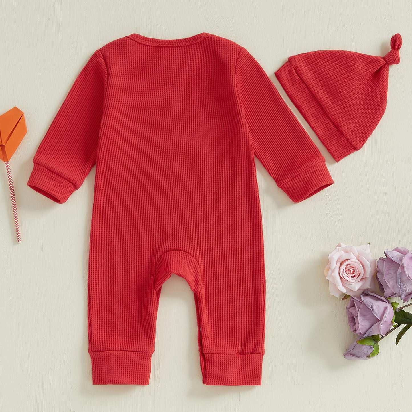 Lesimsam Newborn Infant Baby Boy Valentines Day Outfit Letter Embroidery Long Sleeve Waffle Knit Romper Jumpsuit With Hat(Red, 0