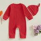 Lesimsam Newborn Infant Baby Boy Valentines Day Outfit Letter Embroidery Long Sleeve Waffle Knit Romper Jumpsuit With Hat(Red, 3