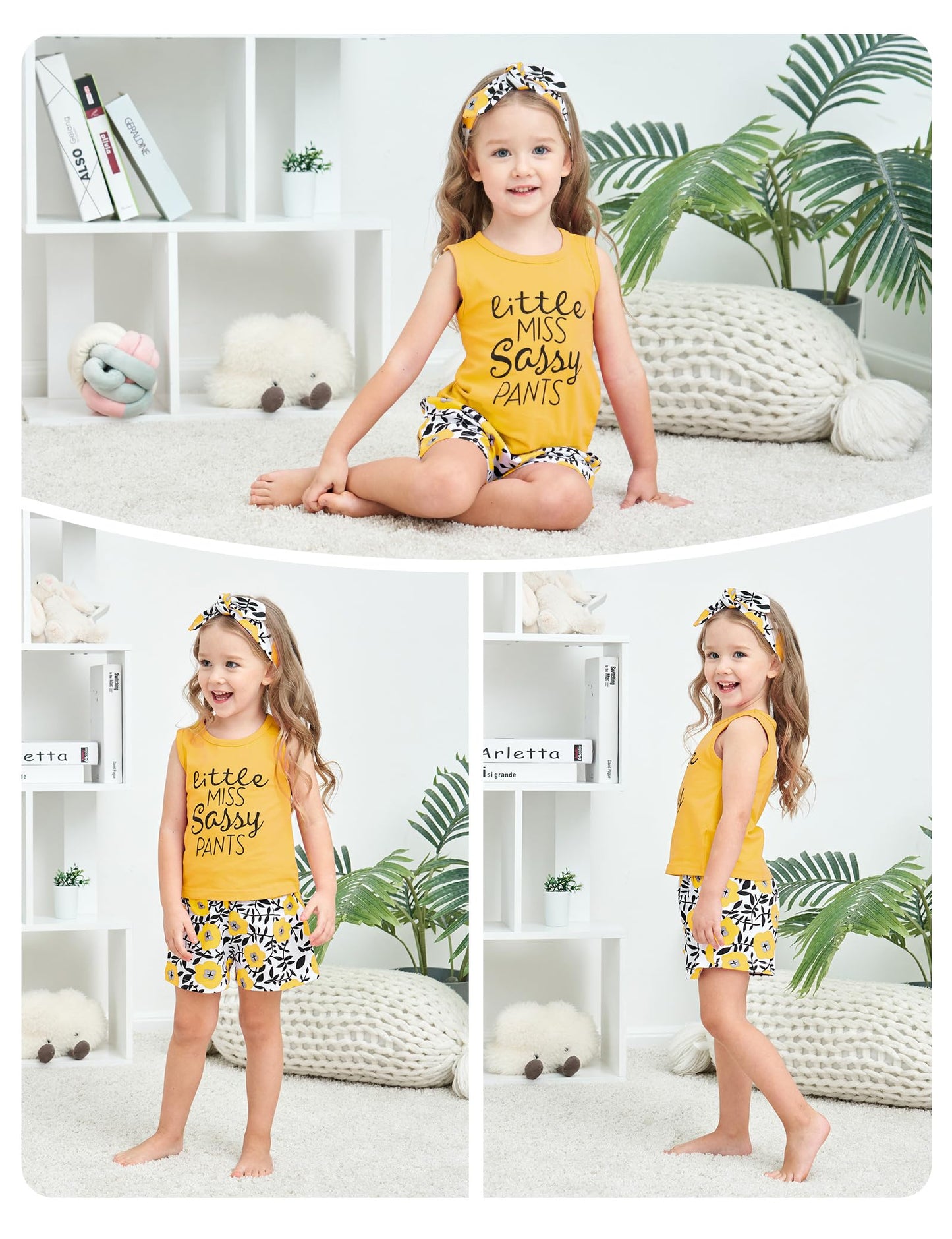 Hipea Toddler Baby Girl Outfits Flower Tops Sleeveless Vest Shorts Headband Summer Clothes Set(3-4T)