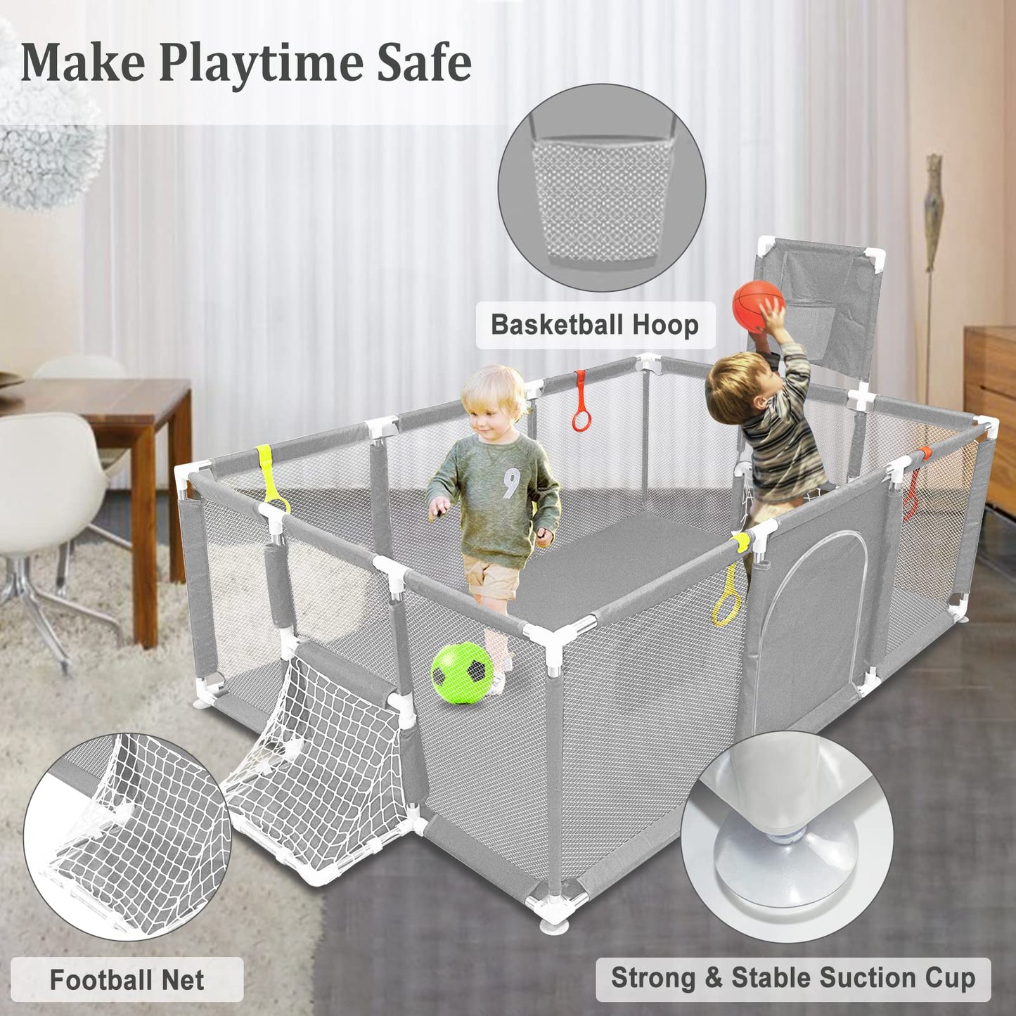 Large Playpen For Babies And Toddlers - Baby Ball Pit Kids Play Pen Sturdy Play Yard W/Basketball Hoop, Children'S Fence Play Ar