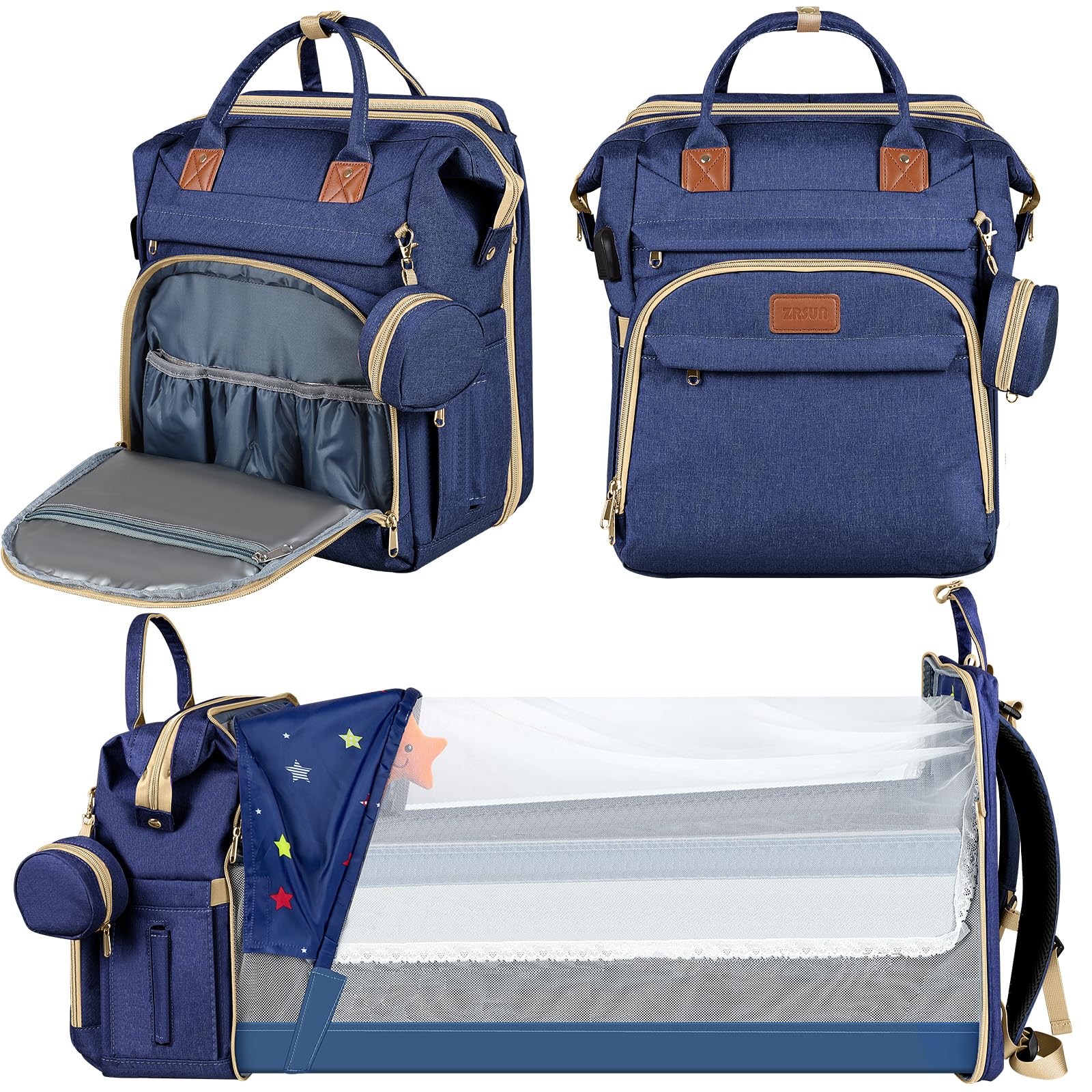 ZRSUN Baby Diaper Bag Backpack,Baby Shower Gifts, Multifunctional Travel Diaper Bag, Gifts for Mom with Portable Diaper Pad (Blu