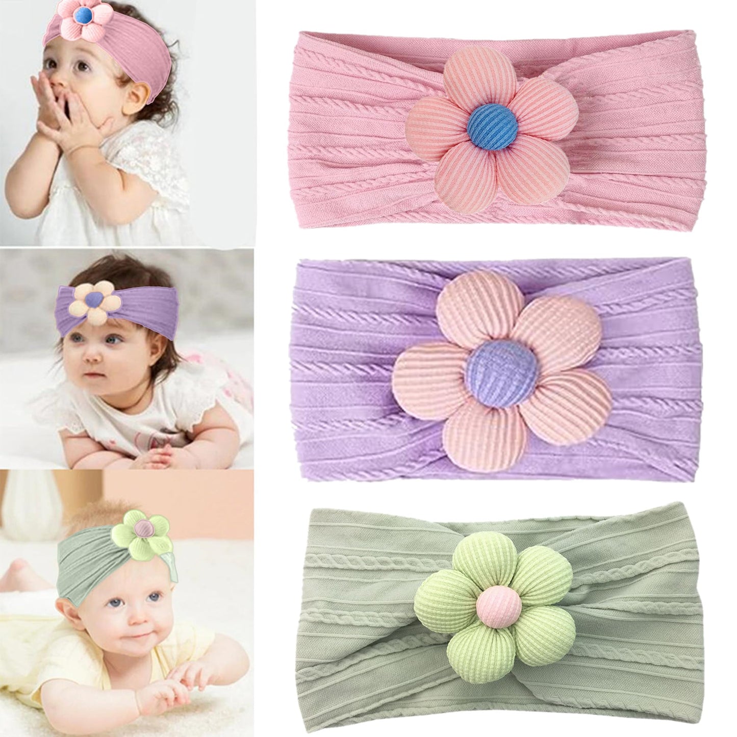 Babymoon Set Of 3 | Baby Stretchable Belt Flower Hairband For Baby Girl | Hair Accessories| Baby Headband For Girls | 06 Yrs, G