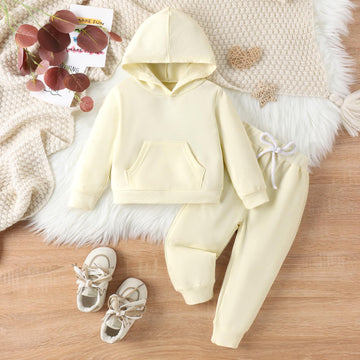 Happy Town Toddler Fall Outfits For Girl Boy Long Sleeve Hoodie Top And Long Sweatpants Set Toddler Sweatsuit (Solid Color-Ivory
