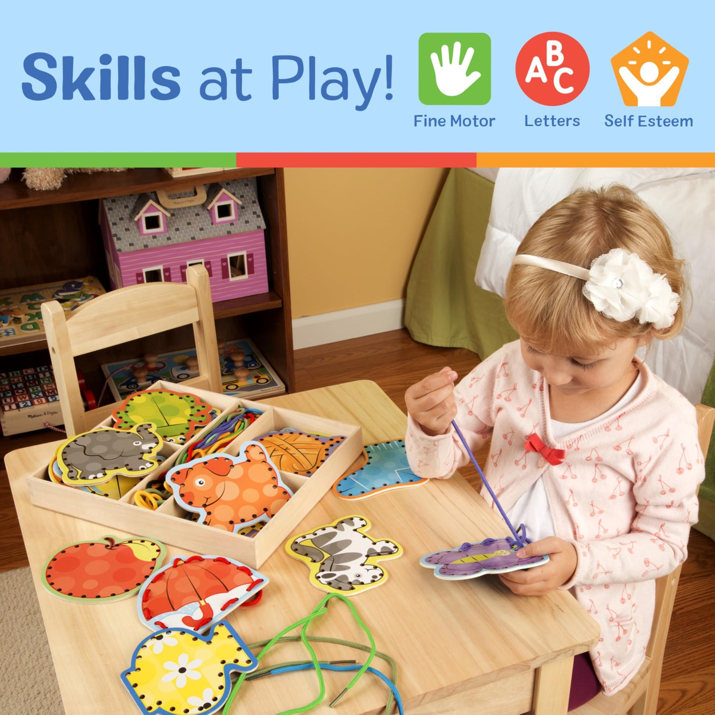 Melissa & Doug Alphabet Wooden Lacing Cards With Double-Sided Panels and Matching Laces - Lacing Toys For Toddlers, Fine Motor S