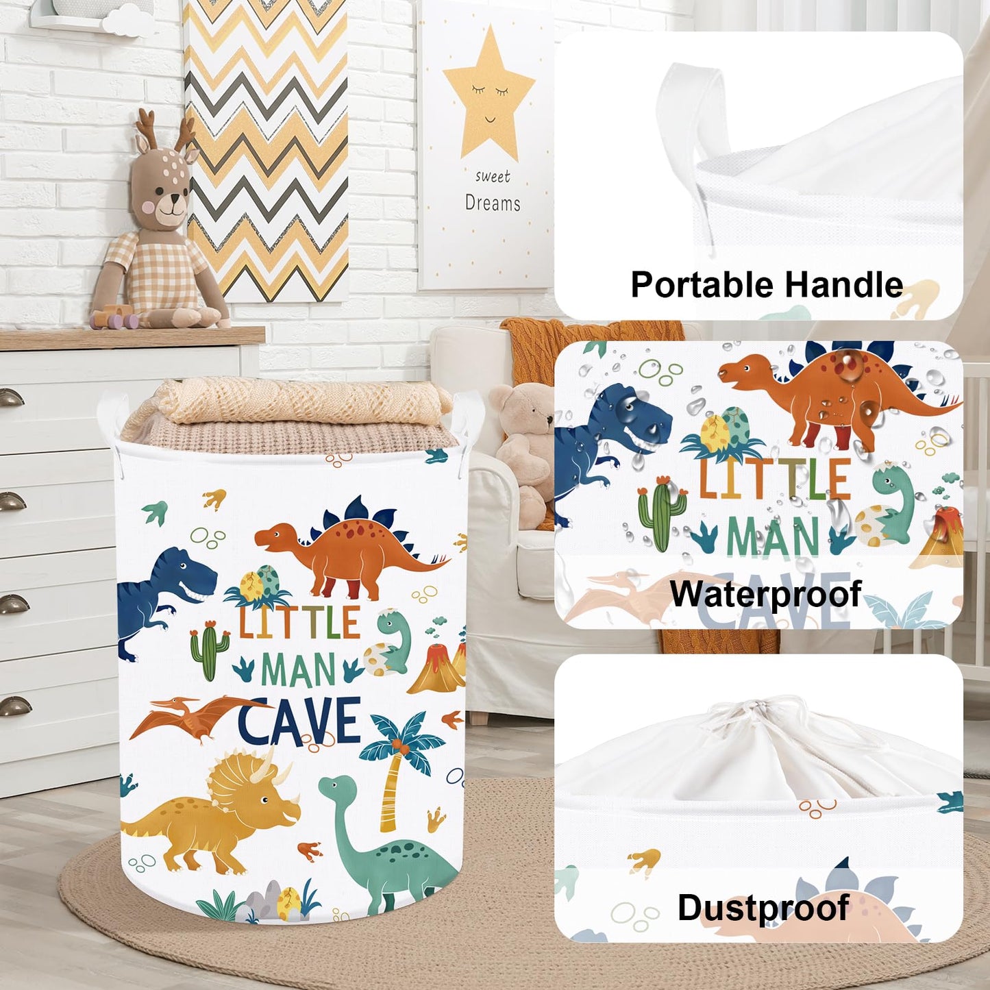Clastyle 45L Large Boho Dinosaur Boy Book Toy Storage Basket Dino Palm Tree Clothes Laundry Hamper For Kid Room Nursery, Colorfu