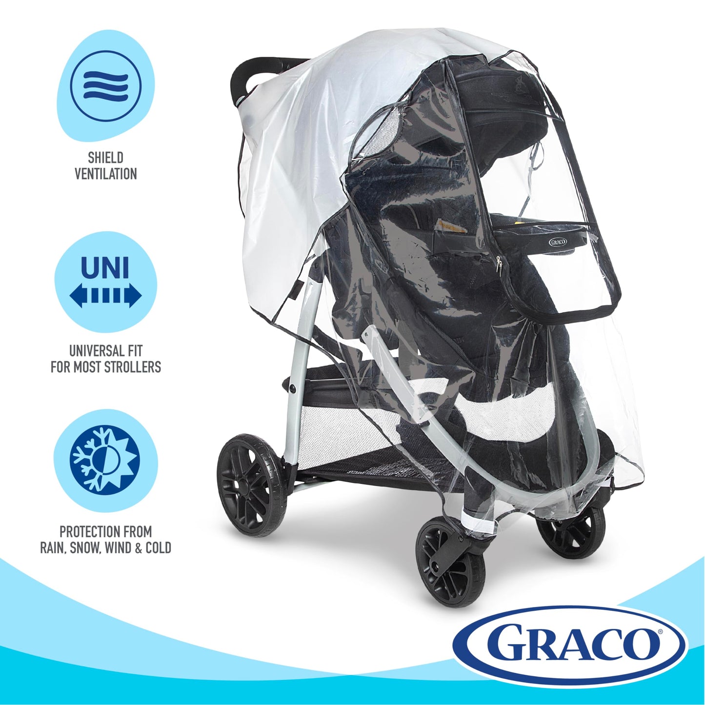 Graco Univeral Deluxe Weather Shield With Zippered Window, Baby Rain Cover, Universal Size To Fit Most Stollers, Waterproof, Win