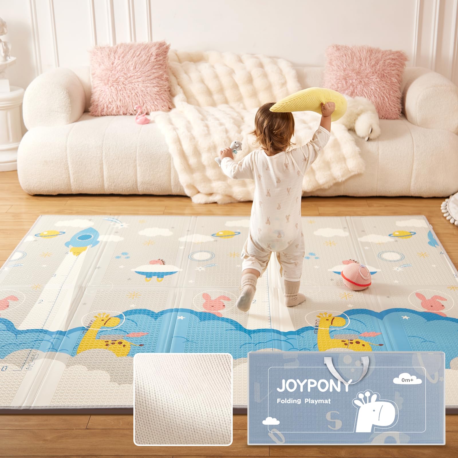 Joypony Baby Play Mat 79X71X0.6 Inches, Fabric Cloth Surface Extra Large & Thick Foldable Play Mats For Baby Girls Boys, Waterpr