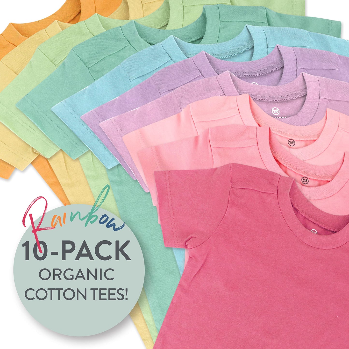 HonestBaby 10-Pack Short Sleeve T-Shirts 100% Organic Cotton Baby, Toddler, Little Kids, Boys, Unisex, Rainbow Girl, 4T