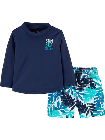 Simple Joys By Carter'S Toddler Boys' Swimsuit Trunk And Rashguard Set, Navy White Tropical, 3T