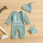 Grnshts Newborn Baby Boy Romper Coming Home Outfits Letter Print Knitted Jumpsuit+Hat+Gloves 3Pcs Clothes Set (Light Green, Newb