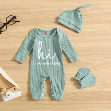 Grnshts Newborn Baby Boy Romper Coming Home Outfits Letter Print Knitted Jumpsuit+Hat+Gloves 3Pcs Clothes Set (Light Green, 1-3