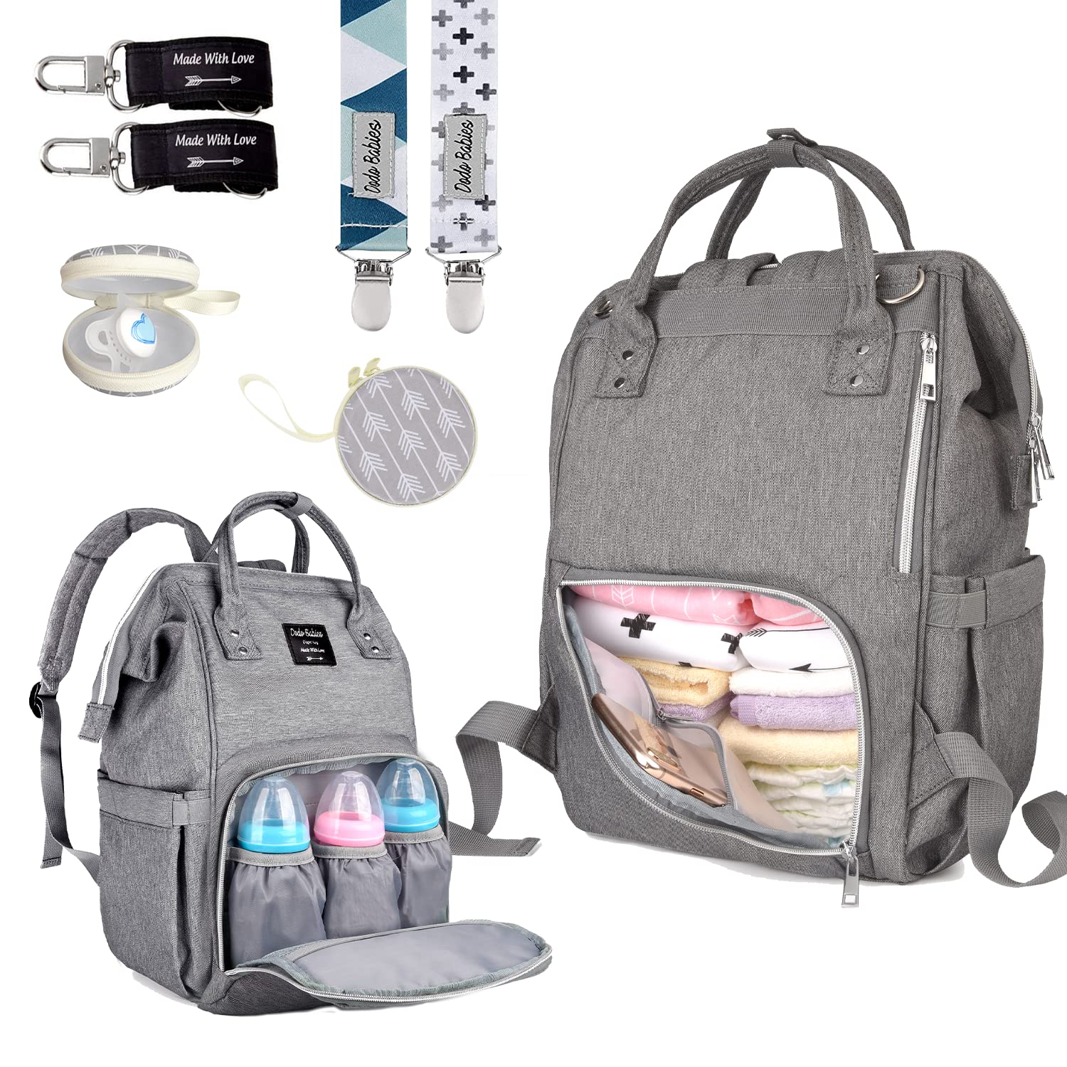 Dodo Babies Diaper Bag Backpack Set - Insulated & Waterproof Pockets - Plus Two Pacifier Clips, Binky Case & Stroller Straps (Te