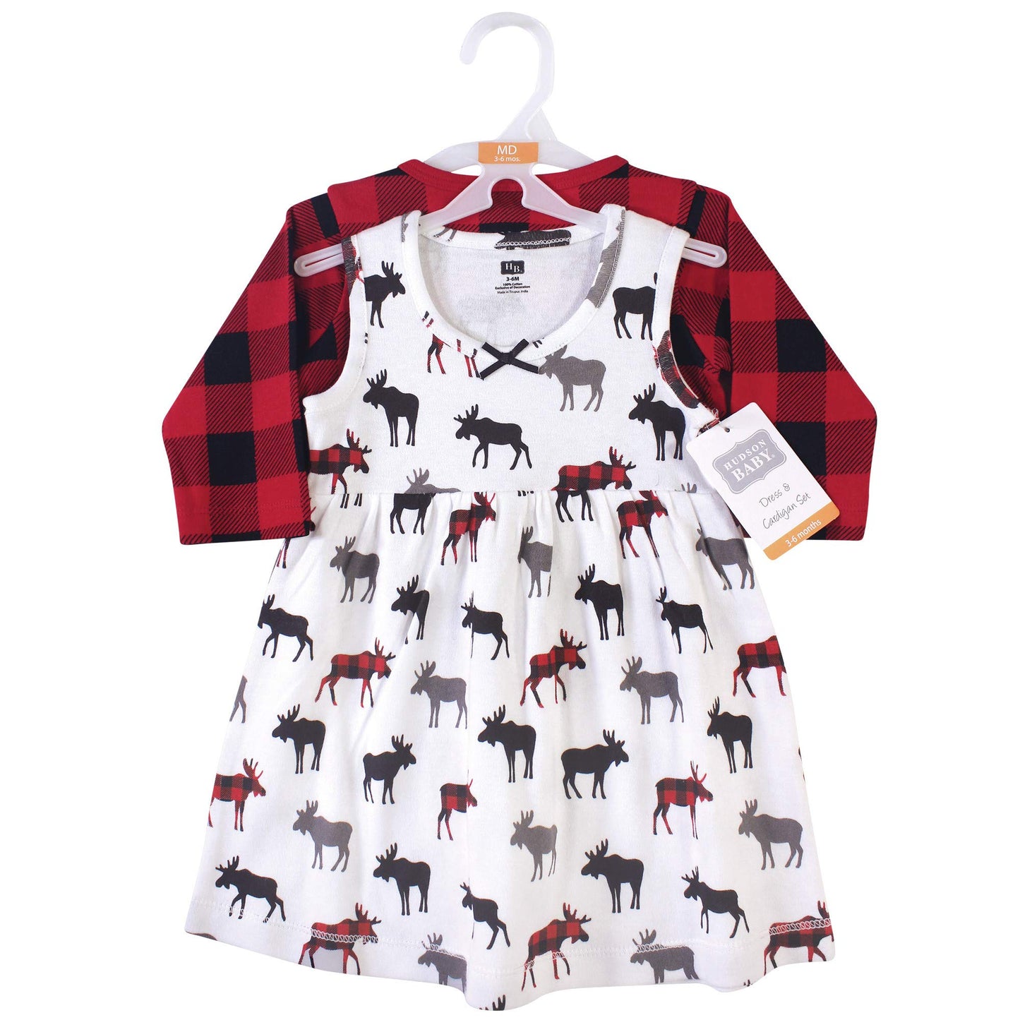 Hudson Baby Girls' Cotton Dress And Cardigan Set, Buffalo Plaid Moose, 9-12 Months