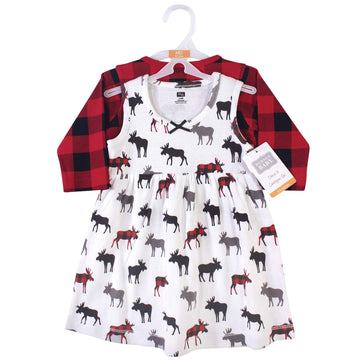 Hudson Baby Girls' Cotton Dress And Cardigan Set, Buffalo Plaid Moose, 6-9 Months