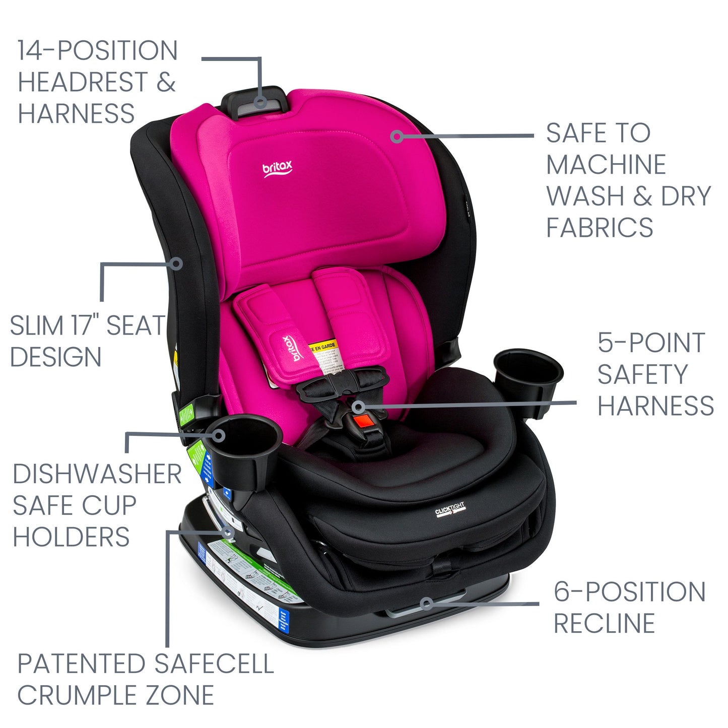 Britax Poplar Convertible Car Seat, 2-In-1 Car Seat With Slim 17-Inch Design, Clicktight Technology, Magenta Onyx