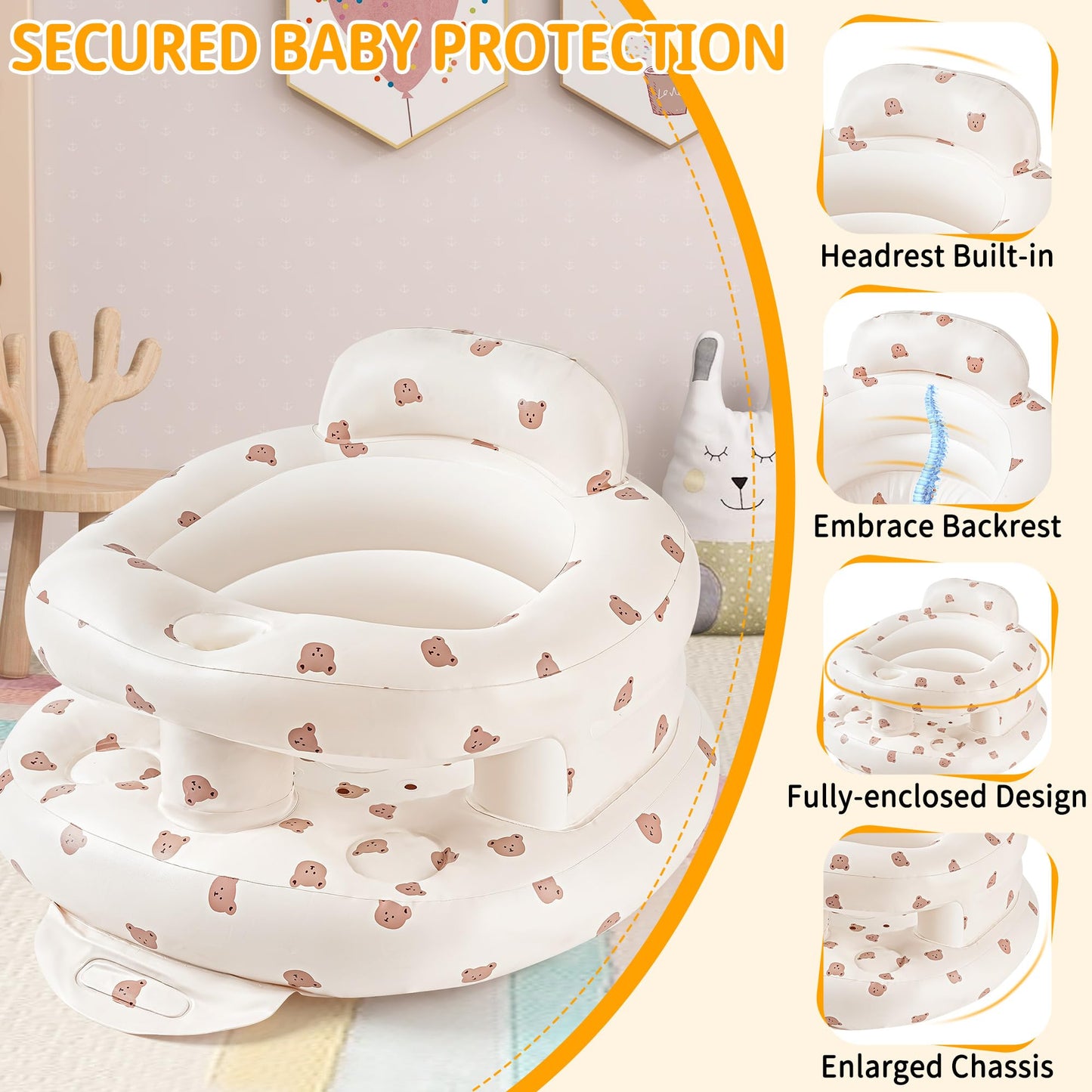 Inflatable Baby Seat For Babies 3-36 Months, Sit Up Chair Built In Air Pump Blow Up Infant Back Support Floor Seat For Bebe 3 Mo