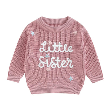 Amnnchya Toddler Infant Baby Girl Knit Sweater Big Sister Little Sister Matching Outfits Long Sleeve Pullover Sweatshirt (Rose P