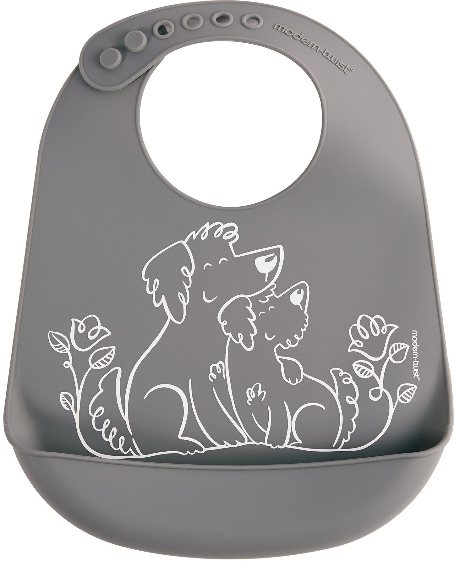 Modern-Twist Bucket-Bib Silicone Baby Bib, No Bpas, Flexible, Dishwasher Safe Bib, Puppy Love, Gray, Pack Of 1