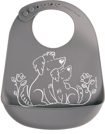 Modern-Twist Bucket-Bib Silicone Baby Bib, No Bpas, Flexible, Dishwasher Safe Bib, Puppy Love, Gray, Pack Of 1