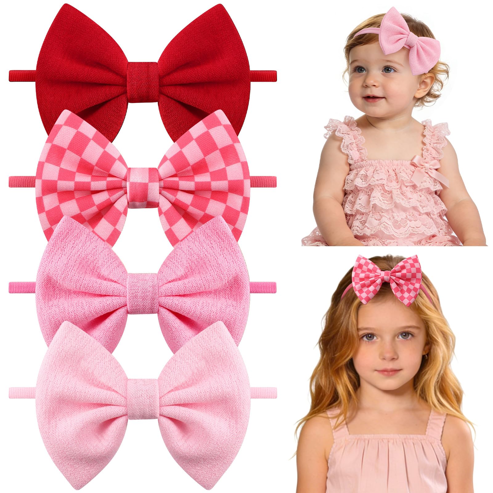 HairChrysm 4 Pcs Valentines Baby Bow Headbands, Red Pink Bow Headband Soft Nylon Handmade Hair Accessories for Baby Infants Todd