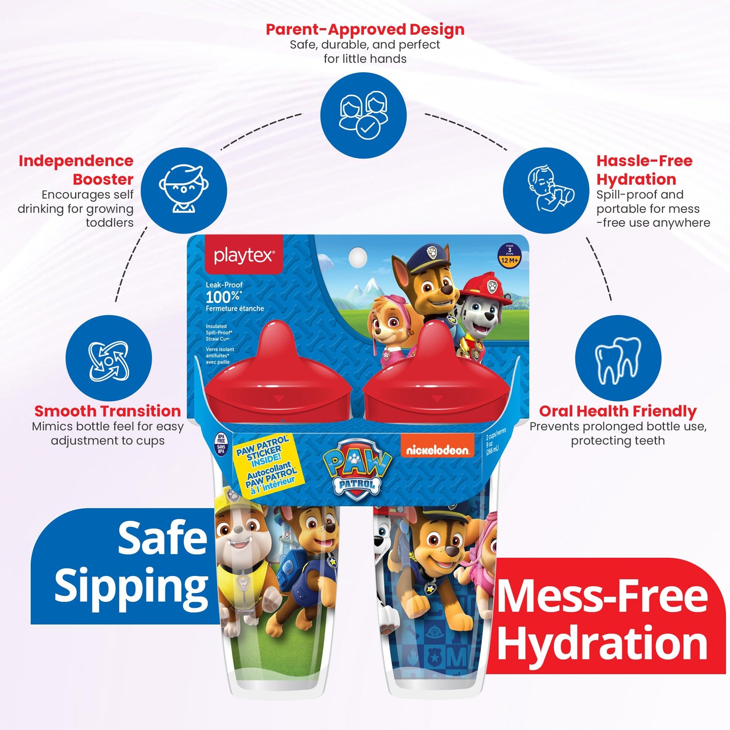 Playtex Baby Sipsters Stage 3 Paw Patrol Sippy Cups, Spill-Proof, Leak-Proof, Insulated - Blue, 9 Oz, 2 Count