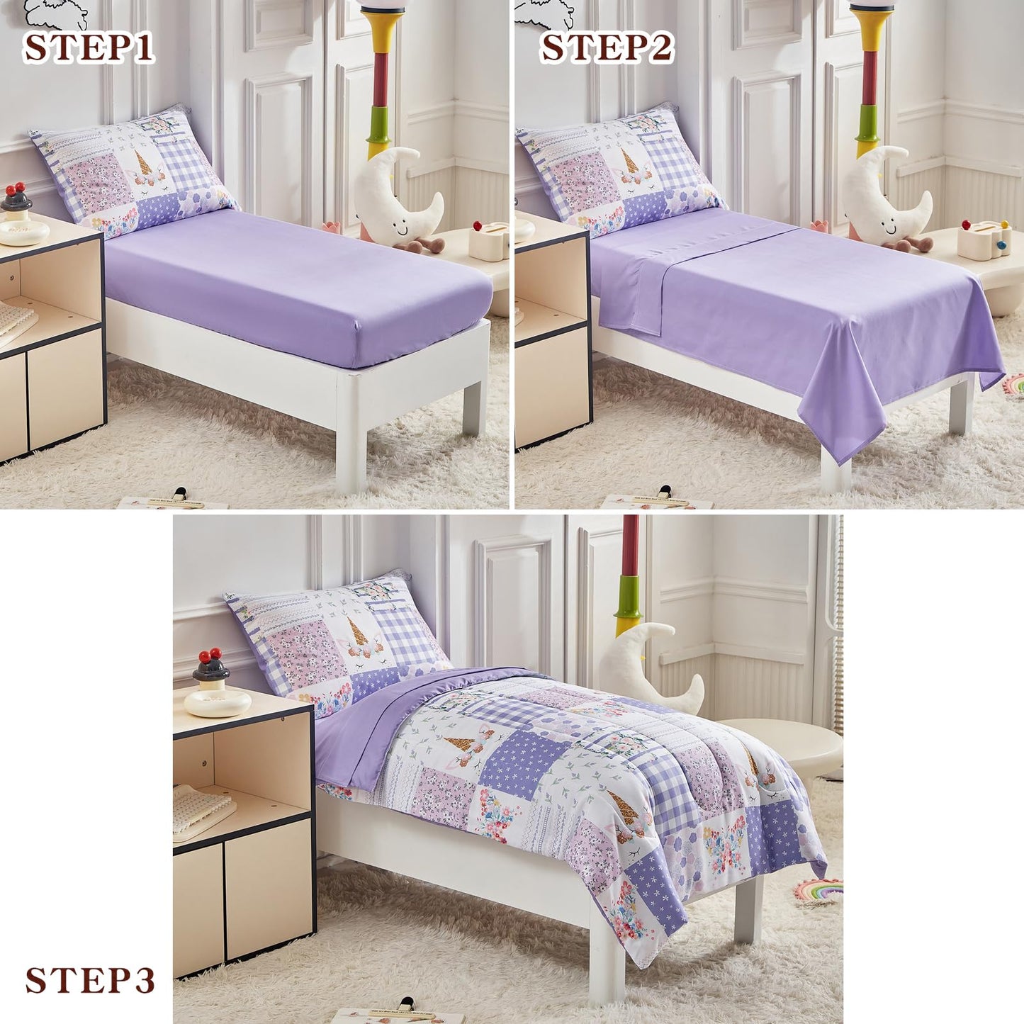 Joyreap 4 Piece Toddler Bedding Set- Purple Butterflies Flowers Patchwork Toddler Comforter Set, Includes Quilted Comforter, Fit
