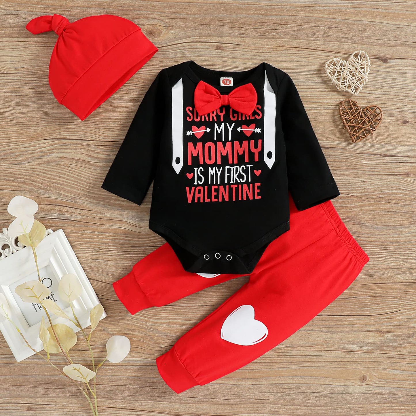 Louvasabuce My First Valentine'S Day Outfits For Infant Baby Boy Long Sleeve Romper Bodysuit Heart Letter Trousers Hat Set (Red