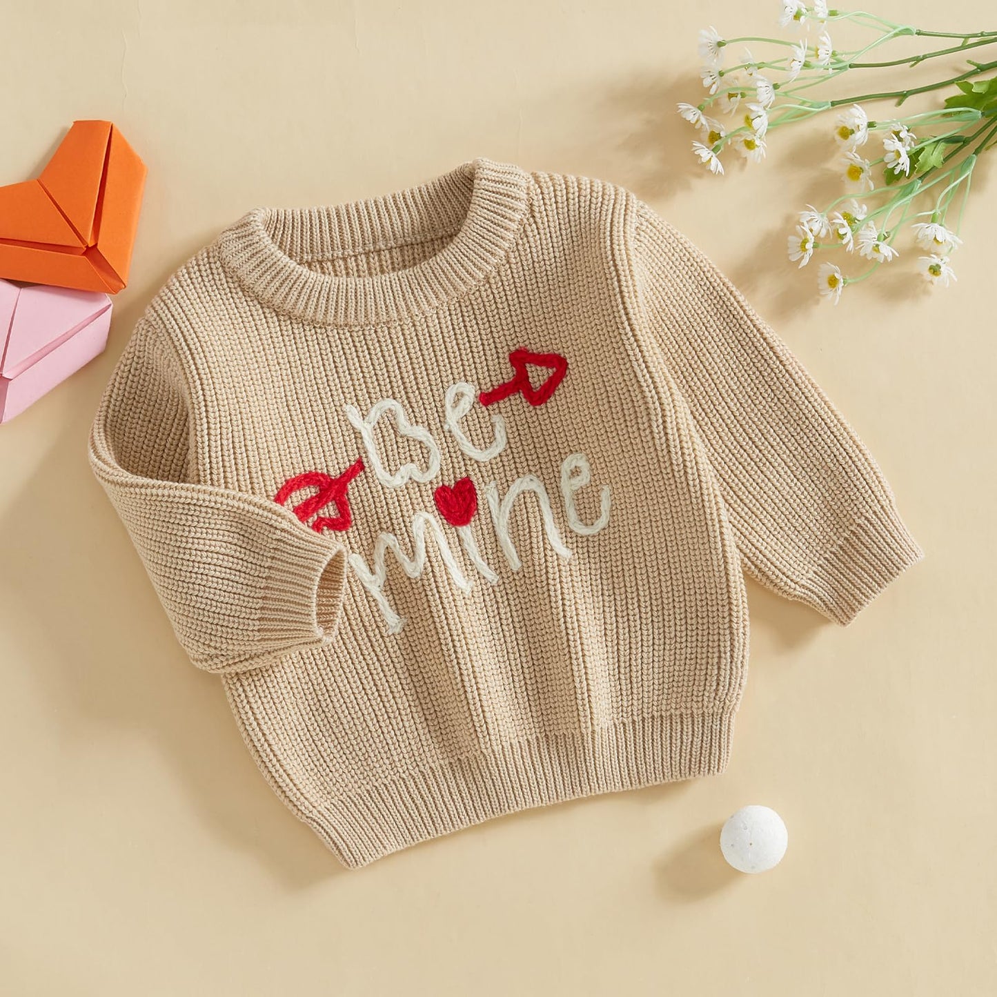 Nokpsedcb Baby Girl Cute Long Sleeve Heart Flowers Embroidery Oversized Sweater Toddler Valentine Outfit (Khaki Be Mine, 12-18 M