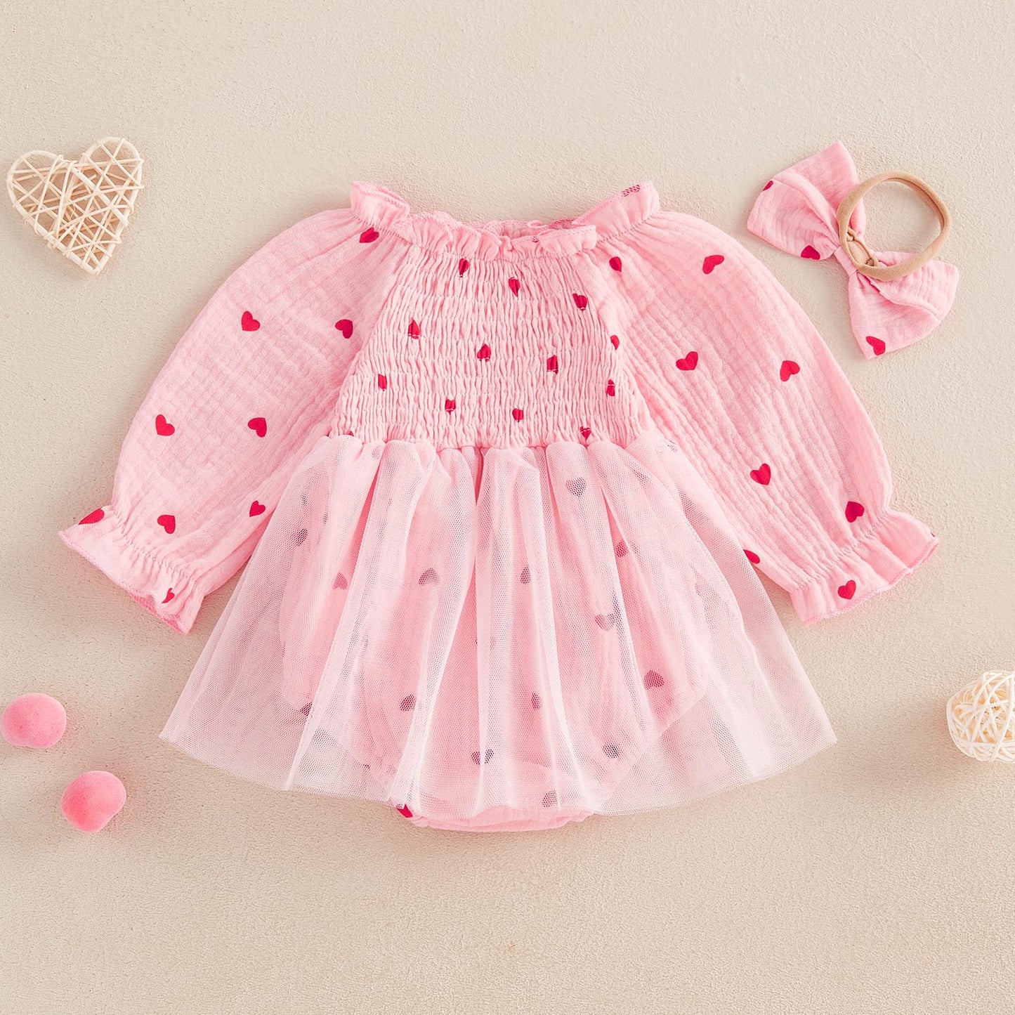 Baby Girl Valentines Day Dress Heart Puff Sleeve Cotton Linen Tulle Romper Dresses Newborn Valentines Outfit (Pink, 6-12 Months)