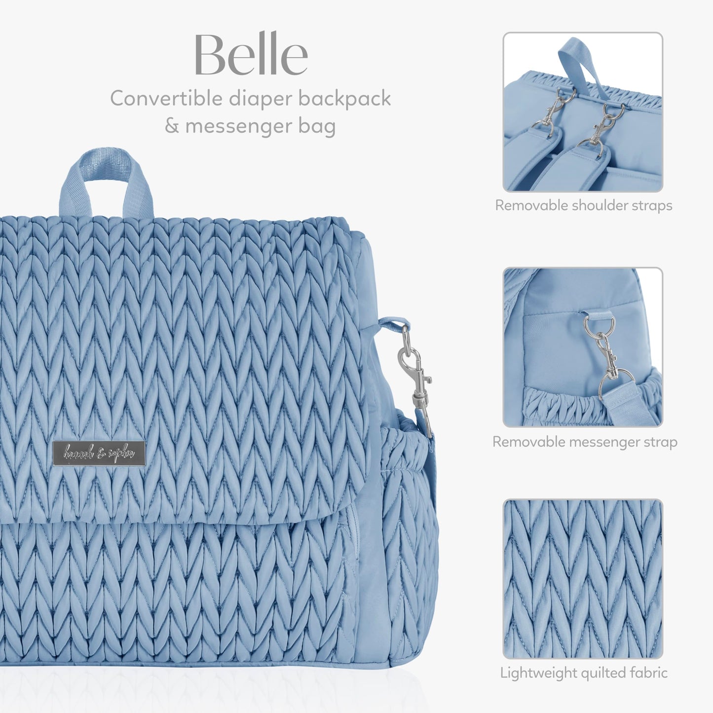 Hannah & Sophia Belle Convertible Baby Diaper Backpack & Bag In Moonmist Blue, Large Size, Dual Sided Water Resistant Changing M