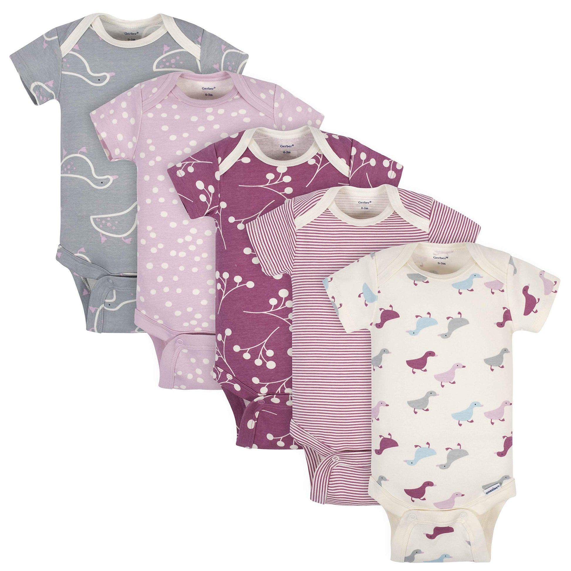 Grow By Gerber Baby Girls 5-Pack Short-Sleeve Onesies Bodysuits, Grey/Pink/Ivory, Newborn