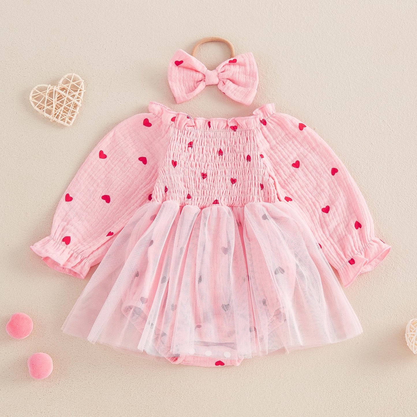 Baby Girl Valentines Day Dress Heart Puff Sleeve Cotton Linen Tulle Romper Dresses Newborn Valentines Outfit (Pink, 6-12 Months)