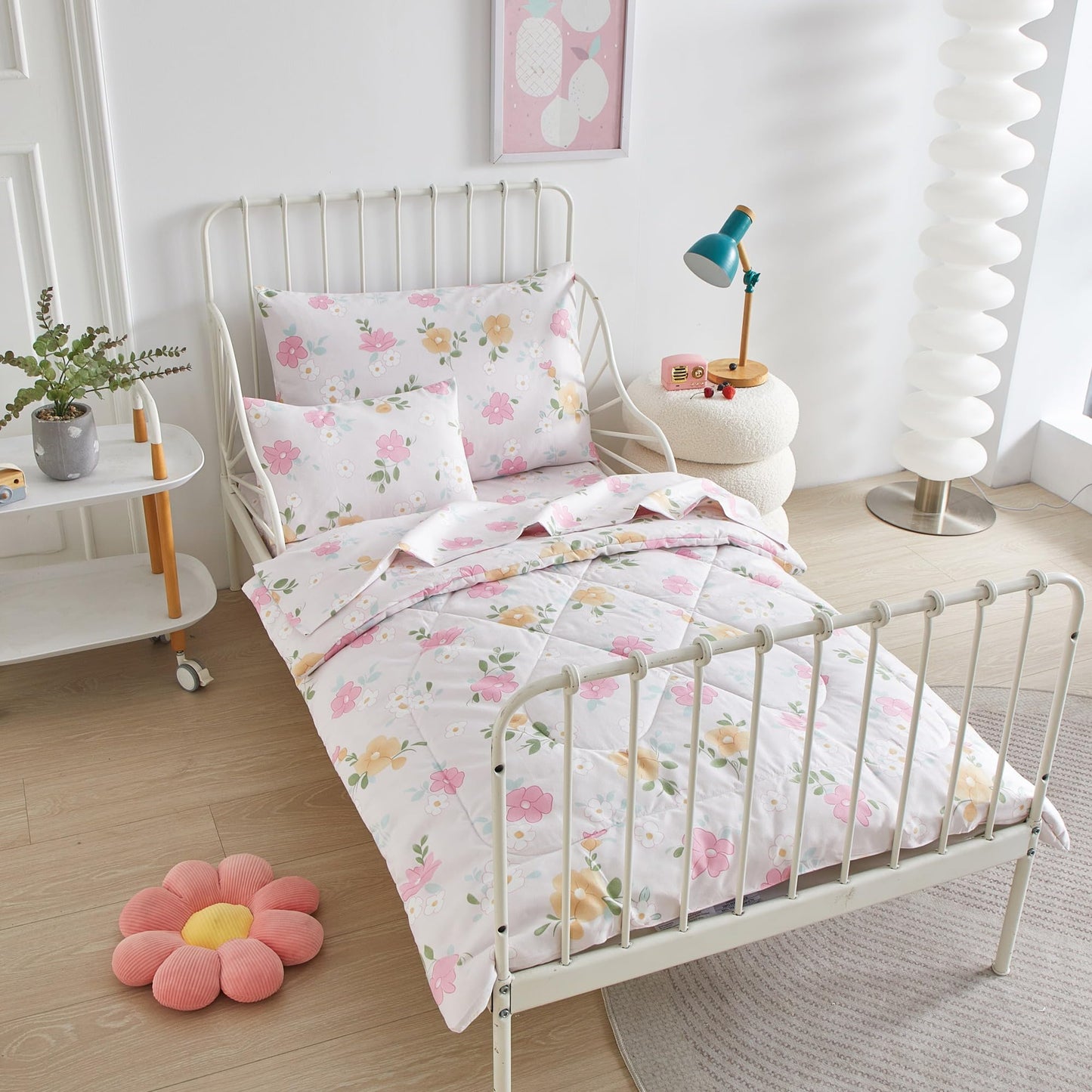 5 Peices Toddler Bedding Set For Girls Pink Floral Toddler Comforter Sheet Set In A Bag Pink Flower Kids Crib Bedding Set For Gi