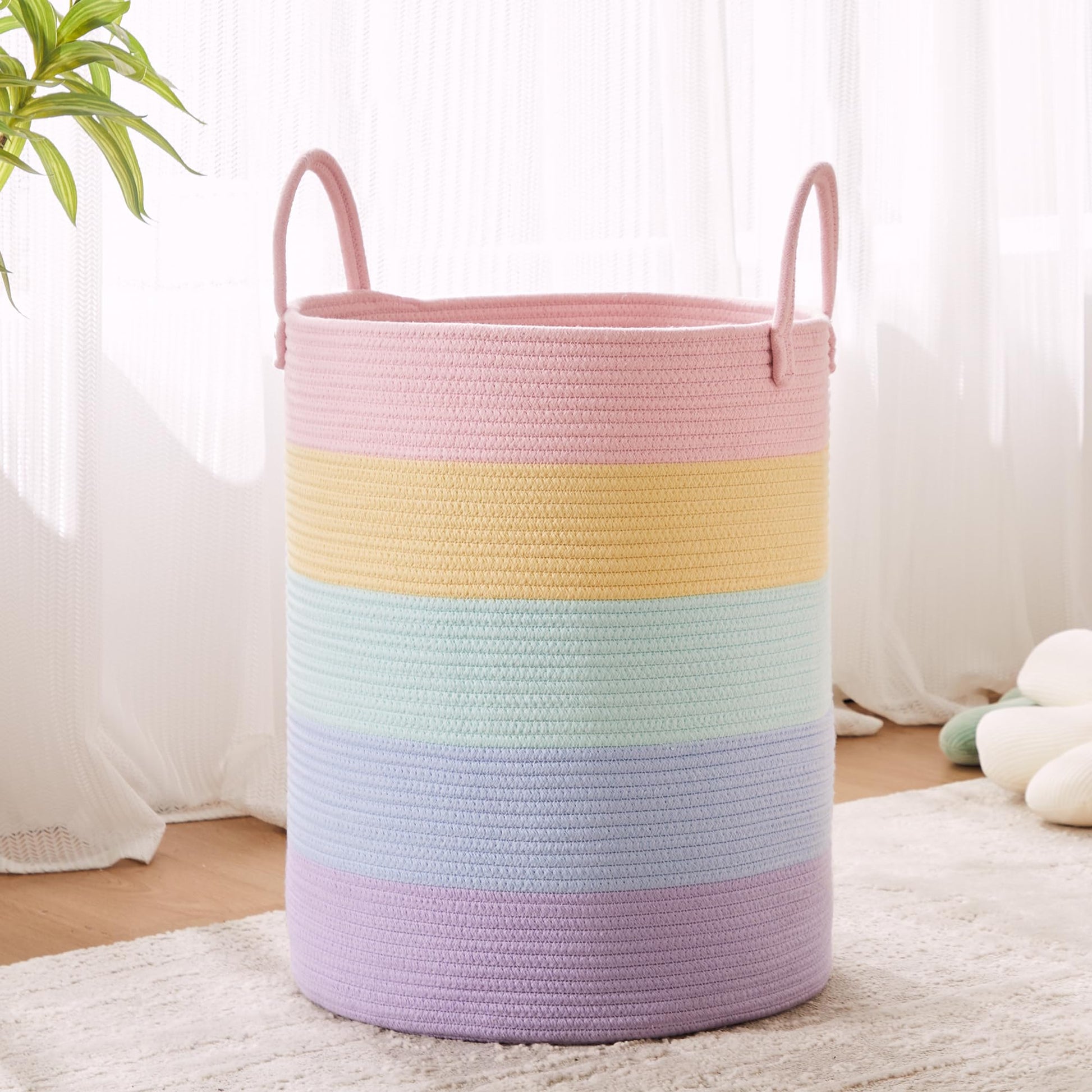 MOJOSCEND Rainbow Girls Kids Hamper Laundry Basket for Baby Nursery Clothes Blanket Basket for Toy Pastel Unicorn Woven Rope Ham