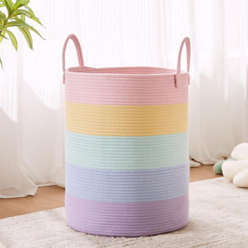 MOJOSCEND Rainbow Girls Kids Hamper Laundry Basket for Baby Nursery Clothes Blanket Basket for Toy Pastel Unicorn Woven Rope Ham