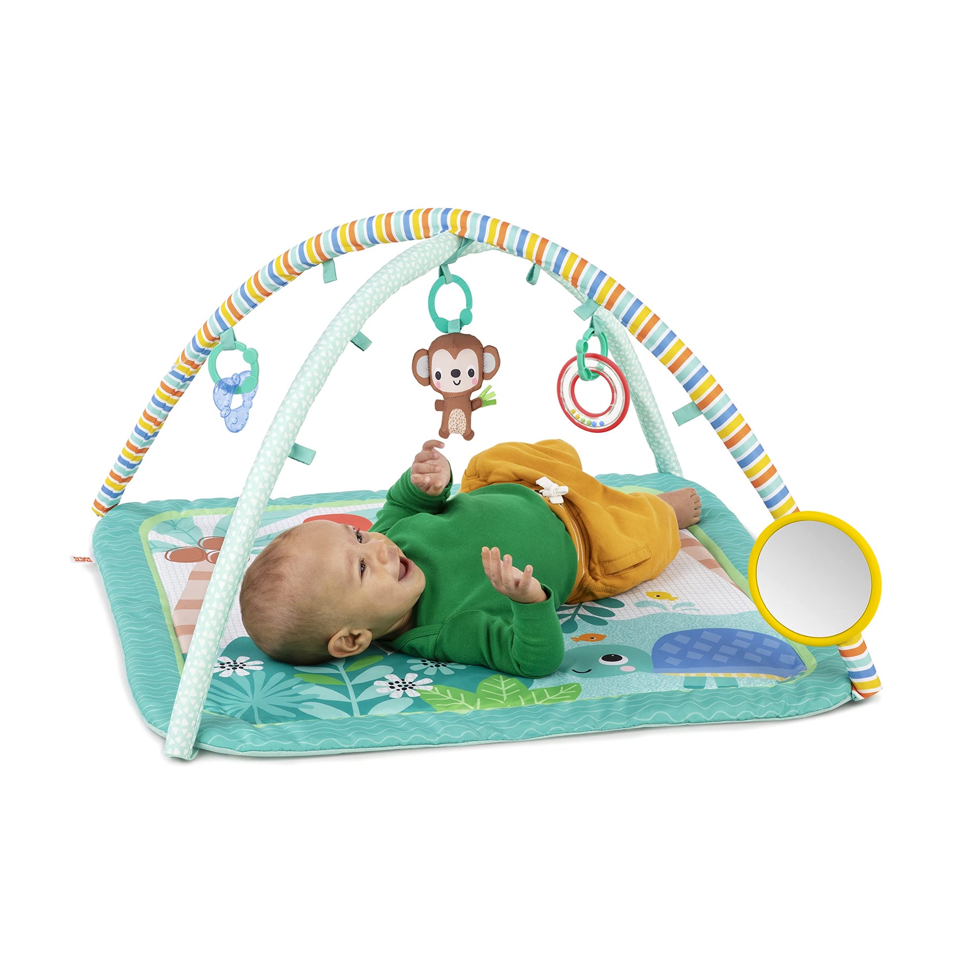 Bright Starts Palm Party Baby Activity Gym Machine Washable Play Mat With 4 Toys, Newborn And Up - Gender Neutral, 32X32X18 Inch