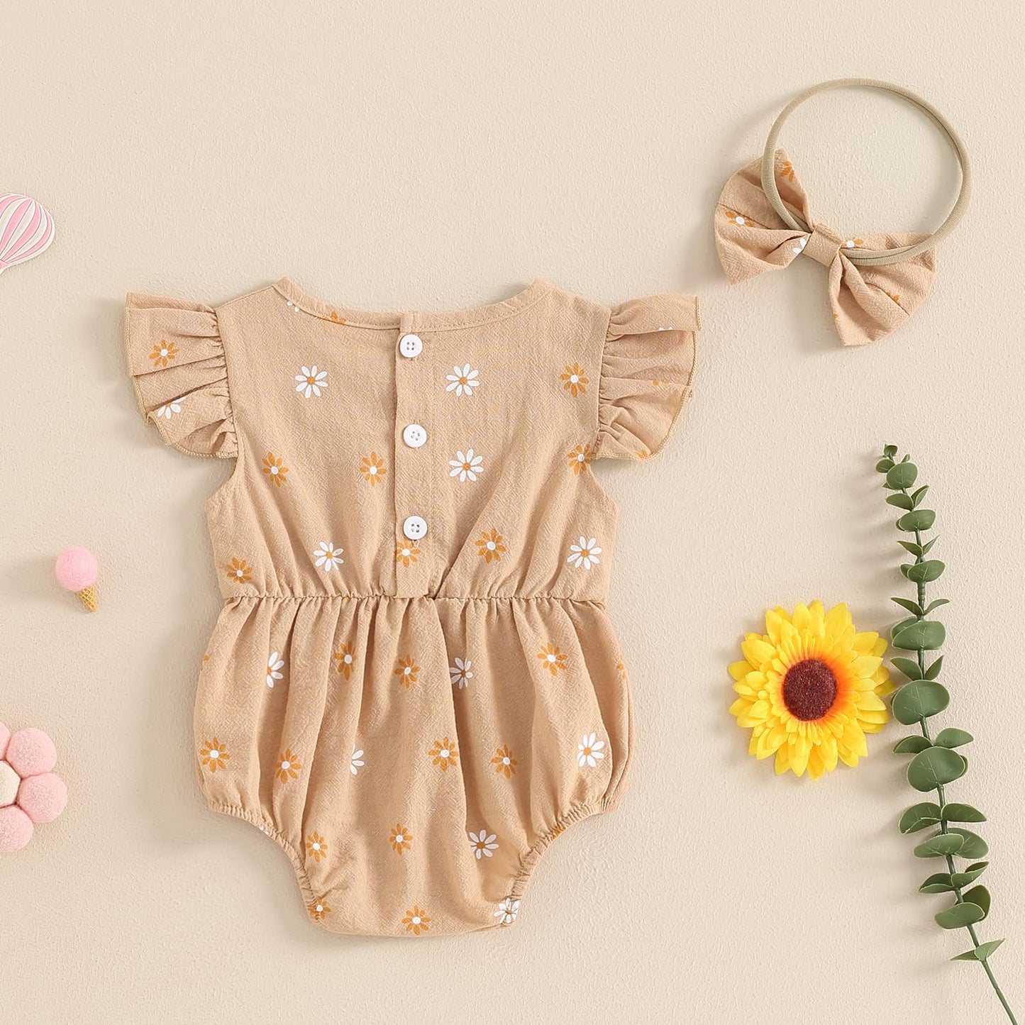 Fomoyuu Newborn Baby Girls Daisy Printed Clothes Pleated Ruffled Sleeve Bubble Romper Cute Summer Outfit With Headband (Khaki, 0