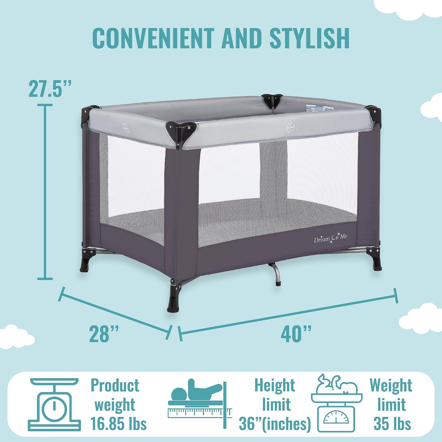Dream On Me Nest Portable Playard in Grey with Carrybag an Shoulder Strap, Lightweight, Packable and Easy Setup Baby Playard, Br
