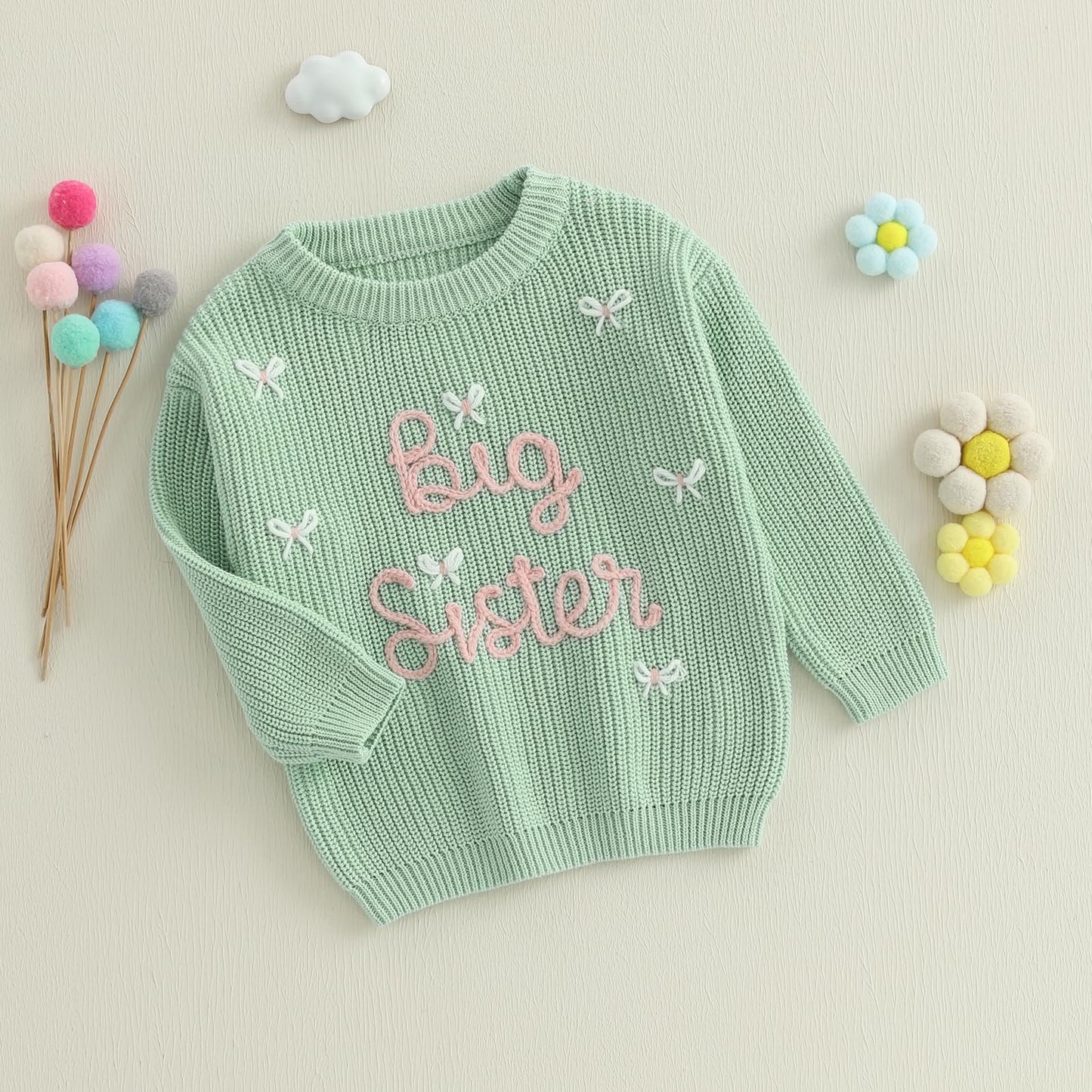 Amnnchya Toddler Infant Baby Girl Knit Sweater Big Sister Little Sister Matching Outfits Long Sleeve Pullover Sweatshirt (Green