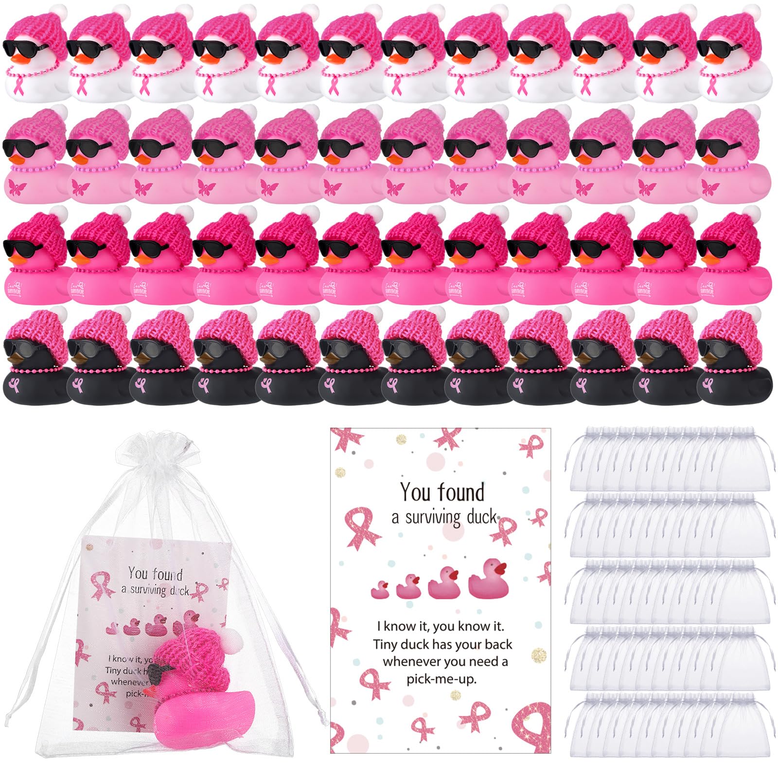 Lunmon 200 Pcs Breast Cancer Awareness Party Favor 50 Pcs Breast Cancer Rubber Duck 2 Inch Pink Ribbon White Black Sunglass Duck