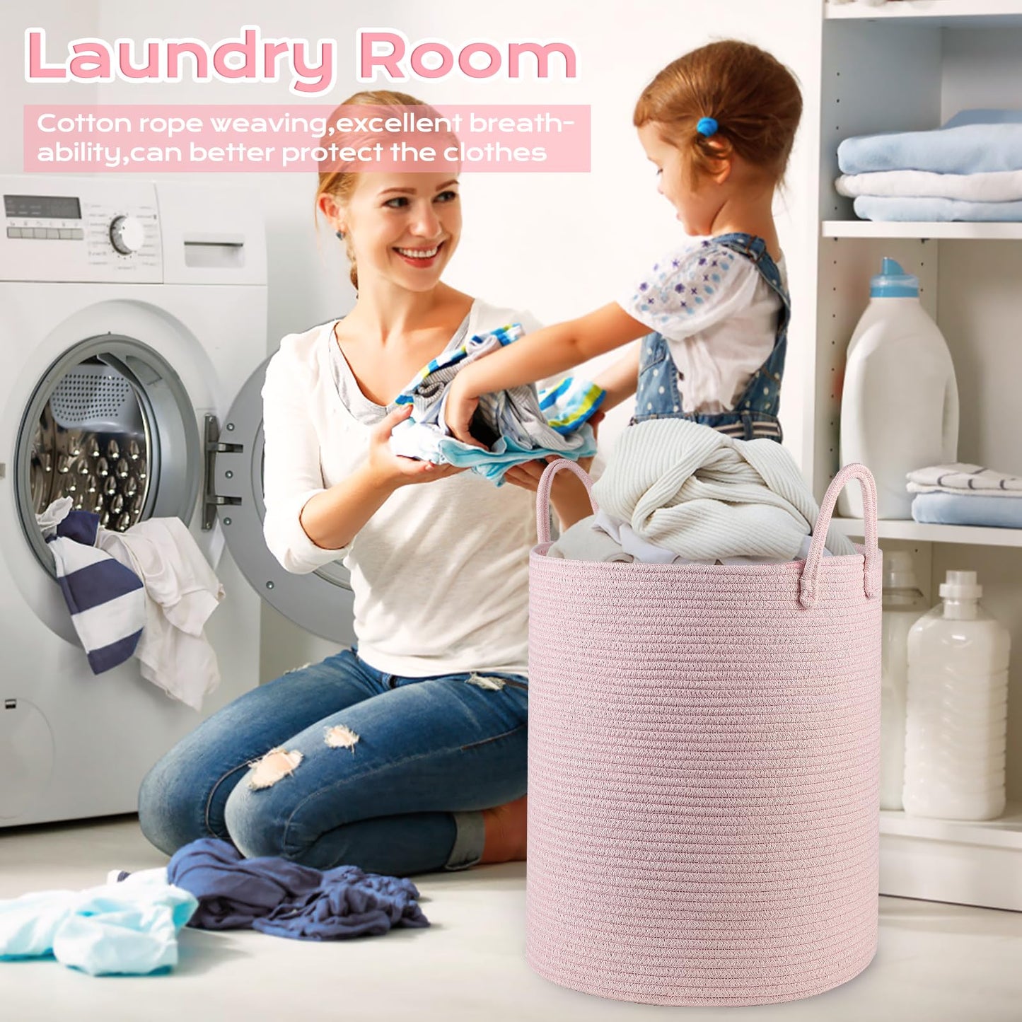 Hobasket Cotton Rope Laundry Basket Hamper For Girls Kids Baby Nursery Hamper Bin Woven Blanket Basket For Living Room Cute Baby