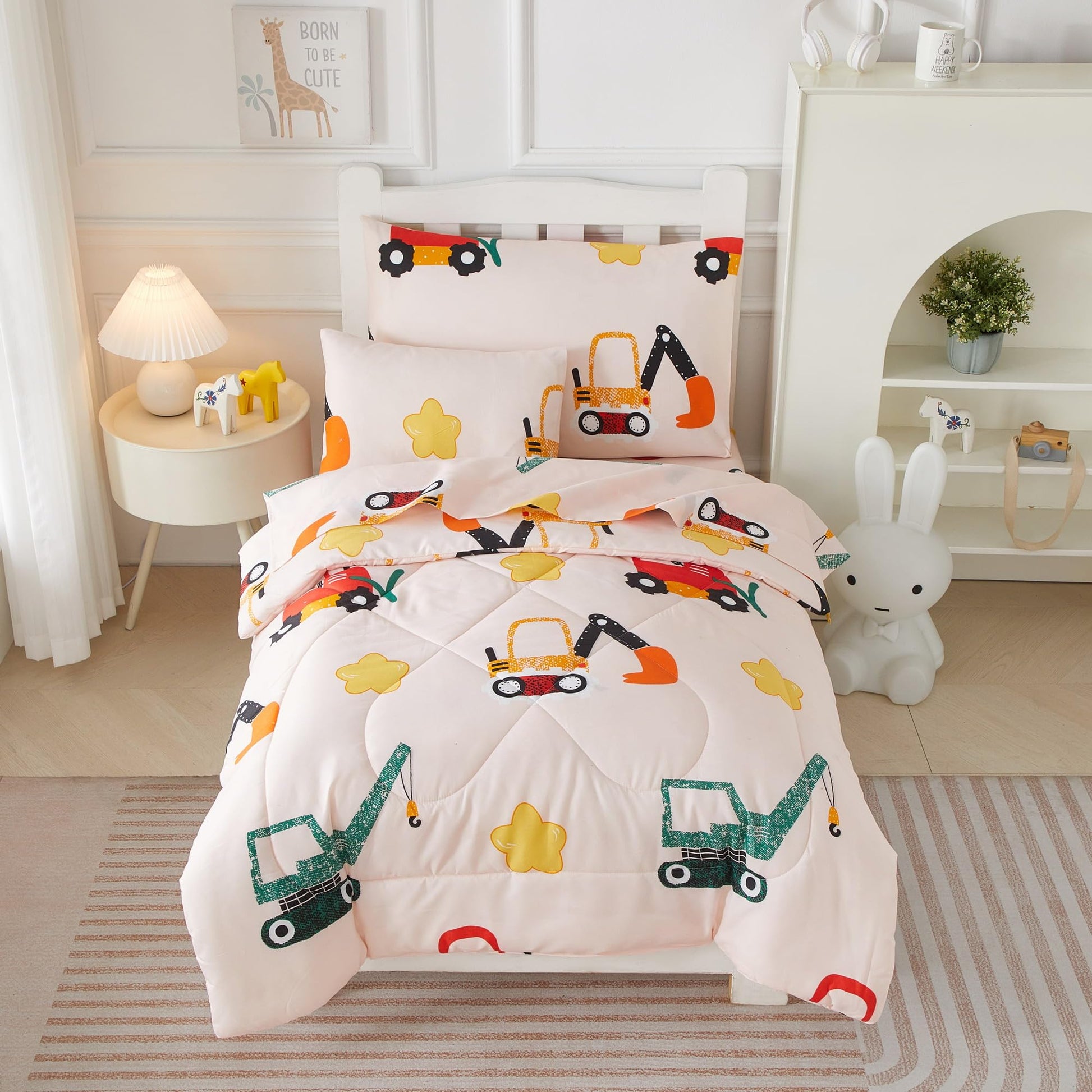 Mucalis 5 Pieces Toddler Bedding Set Engineering Vehicle Cars Toddler Comforter Set For Boys Girls Excavator Theme Crib Bed Sets