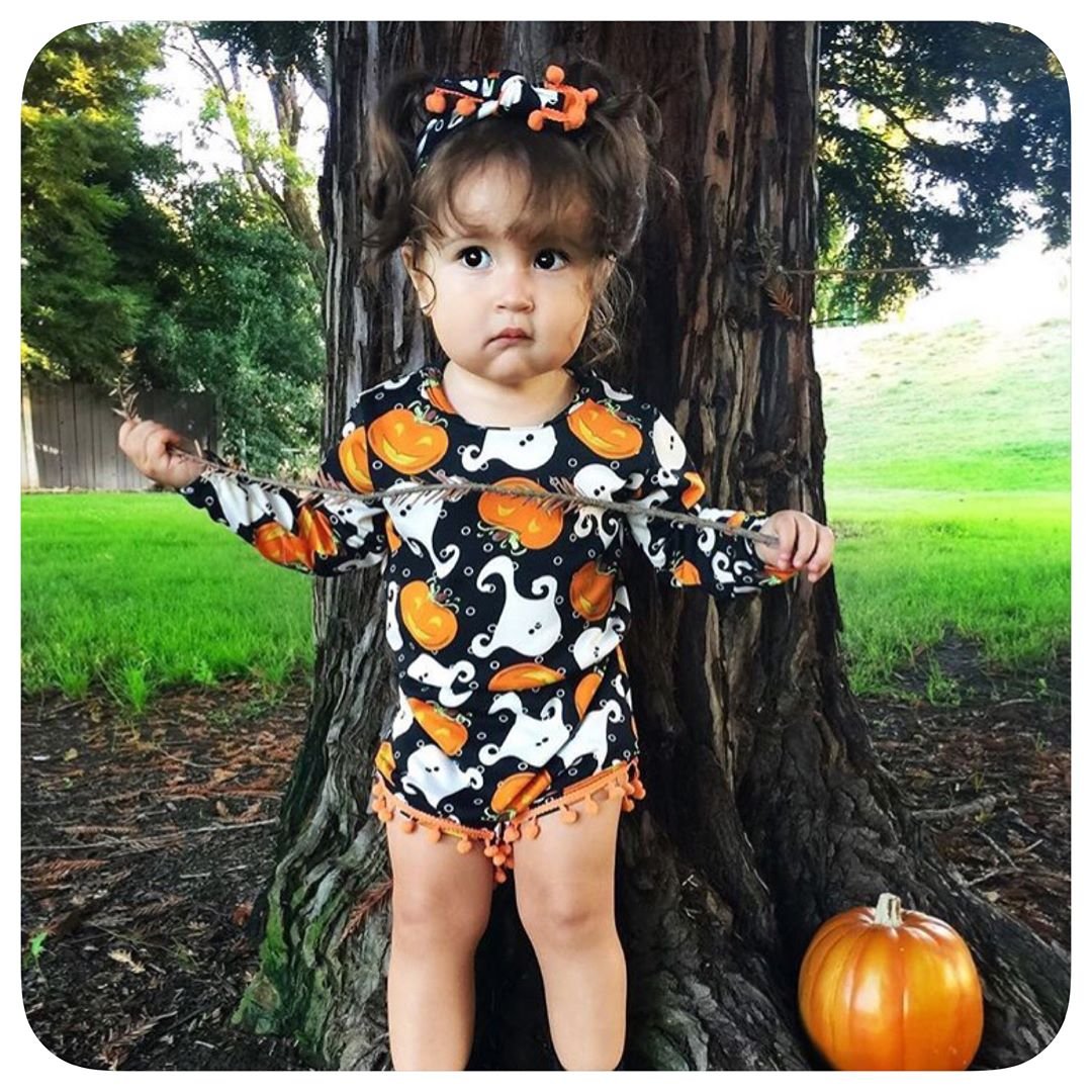 Bulingna Cute Infant Newborn Baby Girl Long Sleeve Pumpkin Bodysuit Pompom Romper Halloween Outfit With Headband (Black, 12-24 M