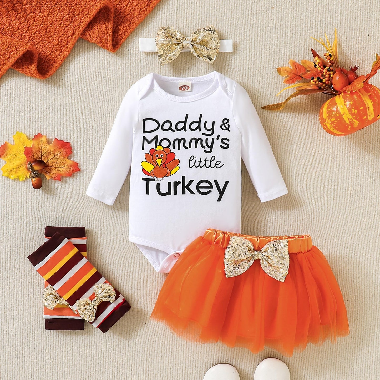 Cpei Baby Girls Thanksgiving Outfits Little Turkey Romper Bodysuit And Bow Tutu Dress And Striated Leg Warmer With Bunny Headban