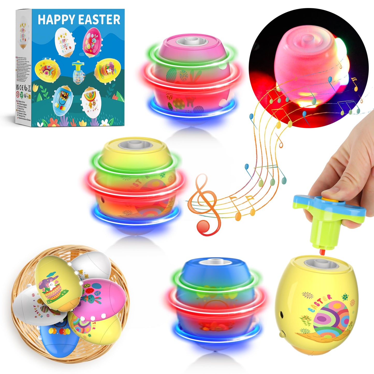 Easter Eggs Toys For Kids, 6 Pack Spinning Tops Toys, Lighting & Singing Colorful Easter Eggs, Easter Toys Party Favor Easter Ba