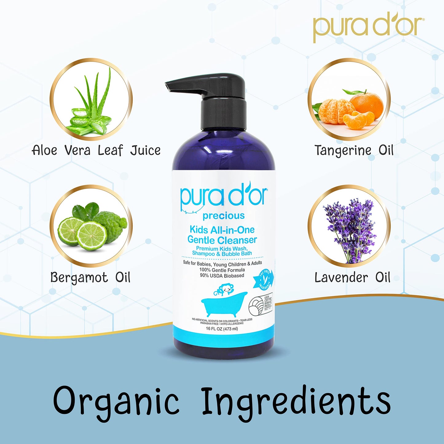 Pura D'Or Kids Wash (16Oz X 3 = 48Oz) All-In-One Gentle Cleanser - Usda Biobased, Sulfate-Free, Tear-Less, Hypoallergenic, Premi